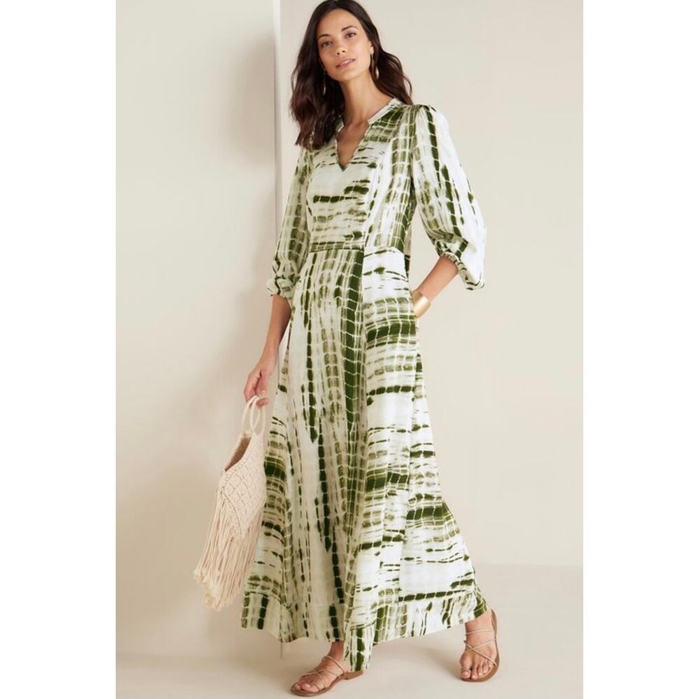 Soft Surroundings Melody Green Off White Flowy V-Neck Long Maxi Dress